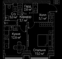Планировка однокомнатной(квартира) площадью 43.4 квадратных метров в “ЖК СЕЗАР БУДУЩЕЕ”