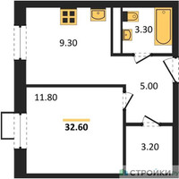Планировка однокомнатной(квартира) площадью 32.6 квадратных метров в “ЖК ЭкоБунино (Южное Бунино)”