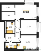 Планировка двухкомнатной(квартира) площадью 62.8 квадратных метров в “ЖК Равновесие”