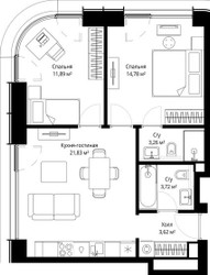 Планировка двухкомнатной(квартира) площадью 59.1 квадратных метров в ЖК “ЖК Сити Бэй”