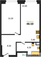 Планировка однокомнатной(квартира) площадью 48.5 квадратных метров в “ЖК Мираполис”