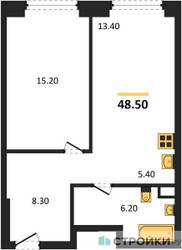 Планировка однокомнатной(квартира) площадью 48.5 квадратных метров в ЖК “ЖК Мираполис”