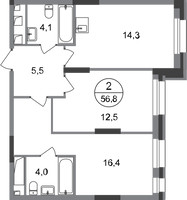 Планировка двухкомнатной(квартира) площадью 56.8 квадратных метров в “ЖК Первый Московский”