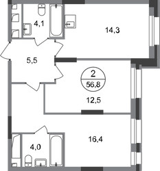 Планировка двухкомнатной(квартира) площадью 56.8 квадратных метров в ЖК “ЖК Первый Московский”