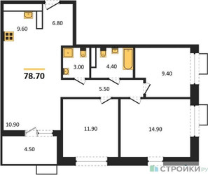 Планировка трехкомнатной(квартира) площадью 78.7 квадратных метров в ЖК “ЖК Бунинские кварталы”