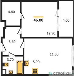 Планировка однокомнатной(квартира) площадью 46 квадратных метров в ЖК “Жилой квартал Новое Медведково”