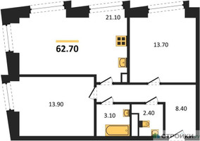 Планировка двухкомнатной(квартира) площадью 62.7 квадратных метров в “ЖК Обручева 30”