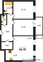 Планировка двухкомнатной(квартира) площадью 63.7 квадратных метров в “ЖК Союзный”
