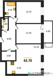 Планировка двухкомнатной(квартира) площадью 63.7 квадратных метров в ЖК “ЖК Союзный”