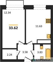 Планировка однокомнатной(квартира) площадью 33.62 квадратных метров в “ЖК Новоград Павлино”