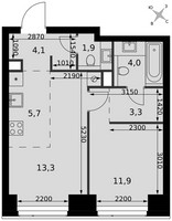 Планировка двухкомнатной(квартира) площадью 44.2 квадратных метров в “ЖК Амбер Сити”