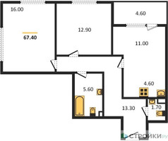 Планировка двухкомнатной(квартира) площадью 67.4 квадратных метров в “Жилой квартал Новое Медведково”