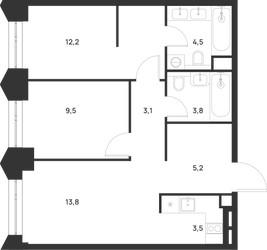 Планировка двухкомнатной(квартира) площадью 55.7 квадратных метров в ЖК “ЖК Войс”