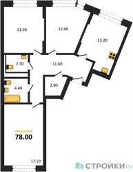 Планировка трехкомнатной(квартира) площадью 78 квадратных метров в ЖК “ЖК Переделкино Ближнее”