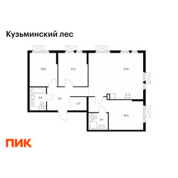Планировка трехкомнатной(квартира) площадью 80.7 квадратных метров в ЖК “ЖК Кузьминский лес”