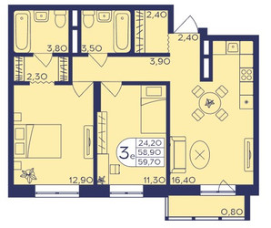 Планировка трехкомнатной(квартира) площадью 64.3 квадратных метров в ЖК “ЖК Героев”