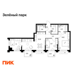 Планировка трехкомнатной(квартира) площадью 76.9 квадратных метров в ЖК “ЖК Зеленый парк”