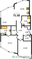 Планировка двухкомнатной(квартира) площадью 71.5 квадратных метров в ЖК “ЖК ROTTERDAM (Роттердам)”