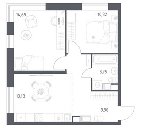 Планировка двухкомнатной(квартира) площадью 51.79 квадратных метров в ЖК “ЖК Цветочные Поляны”