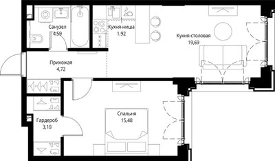 Планировка однокомнатной(квартира) площадью 49.5 квадратных метров в ЖК “ЖК Сити Бэй”