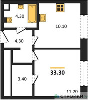 Планировка однокомнатной(квартира) площадью 33.3 квадратных метров в “Жилые кварталы Белый Град”