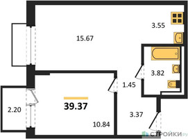 Планировка однокомнатной(квартира) площадью 39.37 квадратных метров в “ЖК Рублевский Квартал”