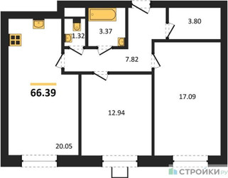 Планировка двухкомнатной(квартира) площадью 66.39 квадратных метров в ЖК “ЖК Мечта”