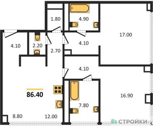 Планировка двухкомнатной(квартира) площадью 86.9 квадратных метров в ЖК “Роскошный квартал Life Time”