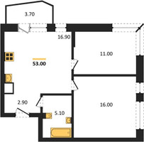 Планировка двухкомнатной(квартира) площадью 53 квадратных метров в “ЖК "Коллекция"”