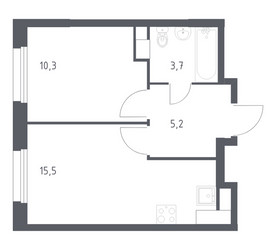 Планировка однокомнатной(квартира) площадью 34 квадратных метров в ЖК “ЖК ЭкоБунино (Южное Бунино)”