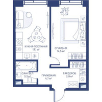 Планировка однокомнатной(квартира) площадью 38.6 квадратных метров в “ЖК Свет”
