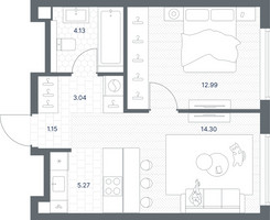 Планировка однокомнатной(квартира) площадью 40.88 квадратных метров в “ЖК TATE (Тэйт)”
