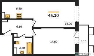 Планировка однокомнатной(квартира) площадью 45.4 квадратных метров в “ЖК Пироговская Ривьера”
