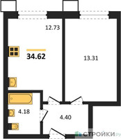 Планировка однокомнатной(квартира) площадью 34.62 квадратных метров в “ЖК Бархат”