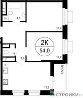 Планировка двухкомнатной(квартира) площадью 54 квадратных метров в “ЖК Одинцовские кварталы”