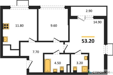 Планировка двухкомнатной(квартира) площадью 53.2 квадратных метров в ЖК “ЖК Бунинские кварталы”
