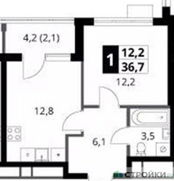 Планировка однокомнатной(квартира) площадью 36.7 квадратных метров в “ЖК 1-й Ясеневский (Первый Ясеневский)”