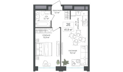 Планировка двухкомнатной(квартира) площадью 41.9 квадратных метров в ЖК “ЖК Михалковский”
