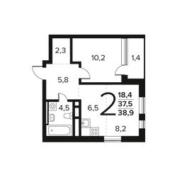 Планировка двухкомнатной(квартира) площадью 39 квадратных метров в ЖК “Новые Ватутинки. Заречный”