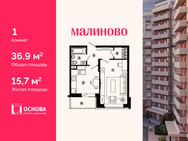 Планировка однокомнатной(квартира) площадью 36.9 квадратных метров в “ЖК Малиново”
