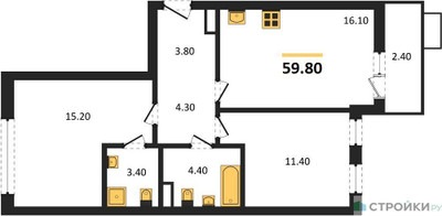 Планировка двухкомнатной(квартира) площадью 59.8 квадратных метров в ЖК “ЖК Прокшино”