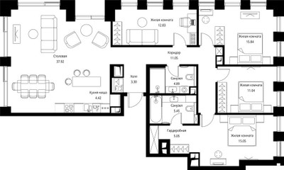 Планировка 4+ комнатной(квартира) площадью 126.84 квадратных метров в ЖК “ЖК Сити Бэй”