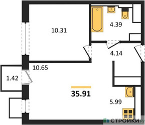 Планировка однокомнатной(квартира) площадью 35.91 квадратных метров в ЖК “ЖК Молжаниново”