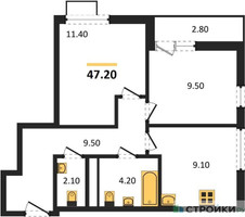 Планировка двухкомнатной(квартира) площадью 47.1 квадратных метров в “ЖК Прокшино”