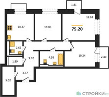 Планировка трехкомнатной(квартира) площадью 75.2 квадратных метров в “ЖК Квартал Герцена”