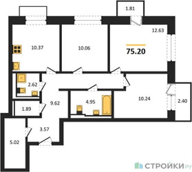 Планировка трехкомнатной(квартира) площадью 75.2 квадратных метров в ЖК “ЖК Квартал Герцена”