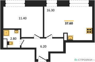 Планировка однокомнатной(квартира) площадью 37.6 квадратных метров в “ЖК Обручева 30”