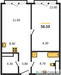 Планировка однокомнатной(квартира) площадью 56.2 квадратных метров в ЖК “ЖК OPUS (Опус)”