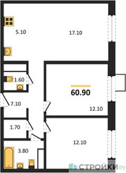 Планировка двухкомнатной(квартира) площадью 60.9 квадратных метров в ЖК “ЖК ЭкоБунино (Южное Бунино)”