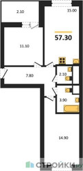Планировка двухкомнатной(квартира) площадью 57.3 квадратных метров в ЖК “ЖК Рассказово”